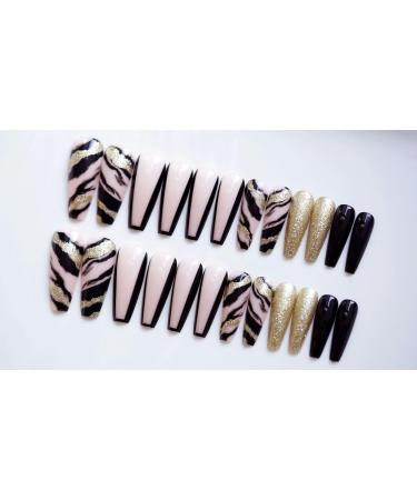French Tip Press on Nails - Long T Press On Nails with Nail Tips glitter black gold false nails press on nails Acrylic False Nails Cute Artificial Nails - Buy Online on GoSupps.com