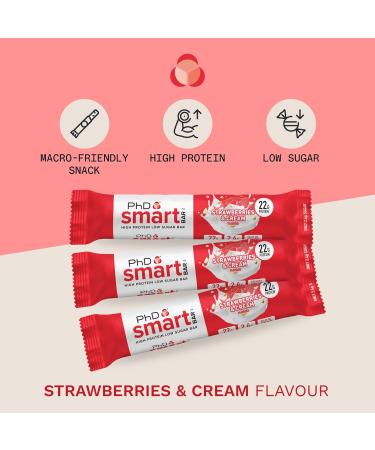 PhD Nutrition Smart Protein Bar Low Calorie Nutritional Protein Bars / Protein Snacks High Protein Low Sugar Strawberries and Cream Flavour 20g of Protein 64g Bar (12 Pack) Strawb And Cream 12 Bars - Buy Online on GoSupps.com