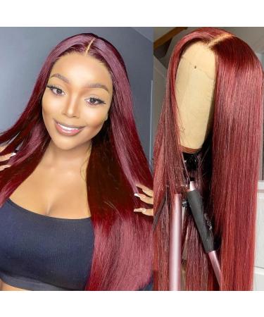 99J Straight Lace Front Wigs Human Hair Red Colored Wig Pre Plucked with Baby Hair for Black Women, 13x4 Burgundy Lace Frontal Wig Brazilian Virgin Human Hair Glueless (24 Inch)