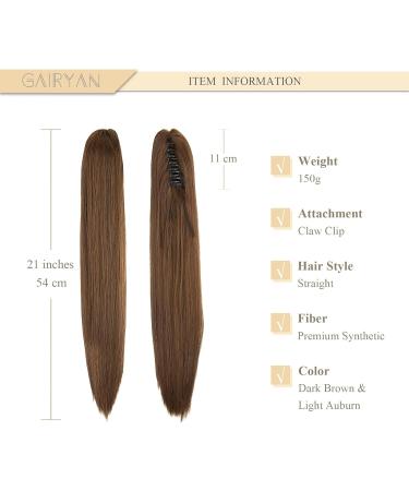 Gairyan Clip in Ponytail Hair Extensions 21 inch Ponytail Extension Long Straight Pony Tails Claw on Ponytail Synthetic Hairpieces for Women Soft Natural Look (Dark Brown & Light Auburn) - Buy Online on GoSupps.com