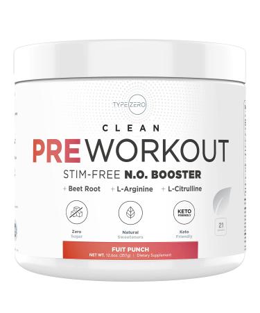 Ultra Clean Stim Free Pump Pre Workout + Nitric Oxide Booster (Fruit Punch) Beetroot, 7G Arginine Citrulline Malate, Betaine, Beta A, ACV+ - Sugar/Caffeine Free Natural Non Stim Preworkout Men & Women