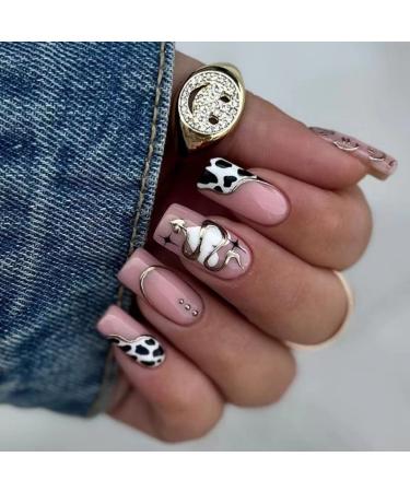 JUSTOTRY 24 pcs Leopard Fake Nails Medium with Stars Black French Press on Nails Patterns Gold Swirl Ballerina Stick on Nails for Women Acrylic Coffin Medium False Nails with Glue for Nail Art black& heart1