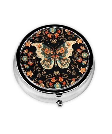 Butterflies and Flowers Portable Metal Pill Box Round Mini 3-Compartment Plastic Insert hinged Fastening Design Suitable for Small Pills Must-Have for Travel