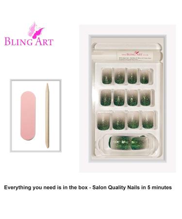 Shop Bling Art Black Green Gel Ombre French False Nails 24 Squoval Tips for Stunning Looks | International Shipping Available - Buy Online on GoSupps.com