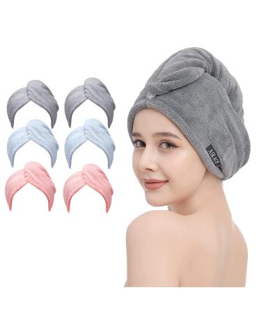 6 Pack Microfiber Hair Towel Wrap for Women and Men, 11" x 28",2 Button-Loop Closure,Super Absorbent Quick Dry Hair Turban for Drying Long, Curly,Thick Hair(2 Pink/Blue/ Grey) 2 Grey, 2 Pink,2 Blue