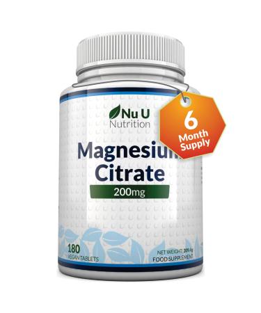 Magnesium Citrate 200mg | 180 Tablets for 6 Month Supply of Magnesium Tablets | Made in The UK by Nu U Nutrition