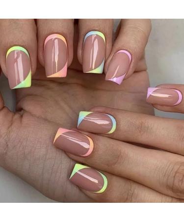 24 Pcs False Nails - French Short Square Fake Nails - Full Cover Fake Nails Artificial - Press on Nails with Glue - Fake Nails Stick on Nails for Women and Girls Nail Art (Square Color Gradient)