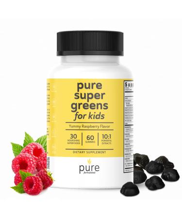 pure formulated Super Greens Kids Multivitamin Gummies  Digestive Health & Immune Support Supplements - Vegan Chewables Made with 30 Nourishing Superfoods - Natural Raspberry Flavor 60-Day Supply Multivitamin Gummies for Kids