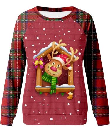 Womens Christmas Sweatshirt Snowman Penguin Print Raglan Pullover - Watermelon Red - Buy Online on GoSupps.com
