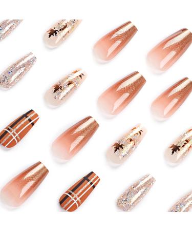 Fall Press on Coffin Nails | Medium Length Acrylic | Maple Leaves Gradient Brown Glitter | Glossy Artificial Nails for Women & Girls - Buy Online on GoSupps.com