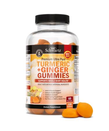 Turmeric Curcumin Ginger Gummies - 120 Count (60 Day Supply) - Natural Joint Support - Vegan Turmeric Gummy Supplement for Ultra High Absorption - Non-GMO - Made in The USA - Delicious Peach Flavor - Buy Online on GoSupps.com