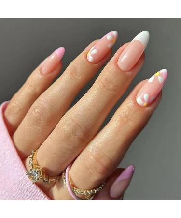 Almond Fake Nails Short 24Pcs White French False Nails with Flower Designs - Nail Art Pink Set for Women - Includes Nail Glue - Press On Nails for Girls - Buy Online on GoSupps.com