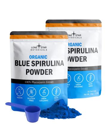 Organic Blue Spirulina Powder - 100% Pure Superfood Blue-Green Algae No Fishy Smell Natural Food Coloring for Smoothies & Protein Drinks - Non GMO Gluten-Free Vegan + USDA Certified 60 Servings 1.06 Ounce (Pack of 2)