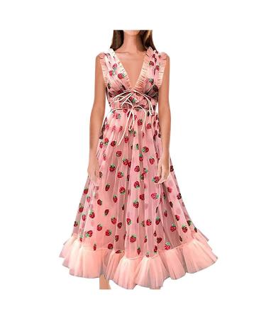 uikmnh Teen Girls Going Out Dresses Glitter Strawberry Tea Sleeveless Long V-Neck Casual Cap Sleeve Ruffle Summer Dress Strawberry Pink Small