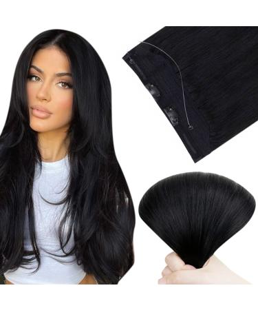 Easyouth Wire Hair Extensions Black Human Hair Invisible Wire Extensions Jet Black Secret Fish Line Hair Extensions Long Soft 20 Inch 100g 20 Inch 1-Wire #1