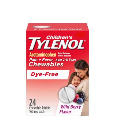 Children's Tylenol Dye-Free Chewables 160 mg Acetaminophen Pain Reliever & Fever Reducer for Kids' Cold + Flu Symptoms Headache Sore Throat & Toothache Aspirin-Free Wild Berry 24 ct Wild Berry Dye Free