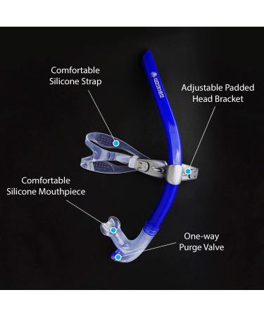 Kraken Aquatics Swim Snorkel - Adult Center Mount for Lap Swimming | Comfortable Silicone Mouthpiece | One-Way Purge Valve | Blue - Buy Online on GoSupps.com
