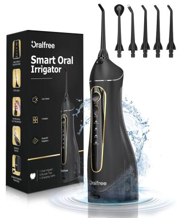 Water Dental flosser for Teeth Cleaning - Oralfree Braces Care, Cordless Portable Rechargeable Oral Irrigator 4 Modes 5 Tips IPX7 Waterproof Powerful Battery Water Teeth Cleaner Pick for Home Travel Black
