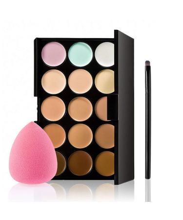 Concealer Palette mewmewcat 15 Colors Camouflage Concealer Palette Professional Contour Eyeshadow Face Cream Makeup Foundation Kit with Sponge Puff & Makeup Brush