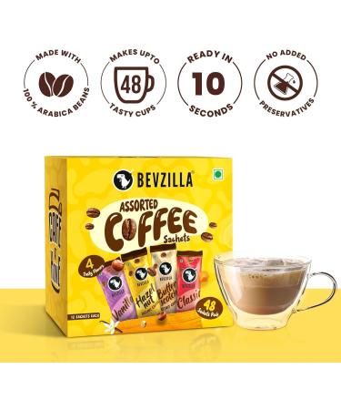 BVZ 48 Instant Coffee Powder Sachets (48 X2 Gram Sachets)| Turkish Hazelnut Colombian Gold French Vanilla & English Butterscotch | 12 Sachets Each Flavour| Hot & Cold Coffee| Makes 48 Cups| 100 % Arabica Coffee| Strong Coffee| Best Coffee | Espresso Latte - Buy Online on GoSupps.com