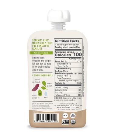 Serenity Kids 6+ Months USDA Organic Veggie Puree Baby Food Pouches | No Sugary Fruits or Added Sugar | Allergen Free | 3.5 Ounce BPA-Free Pouch | Sweet Potato & Spinach | 6 Count Sweet Potato & Spinach 3.5 Ounce (Pack o - Buy Online on GoSupps.com