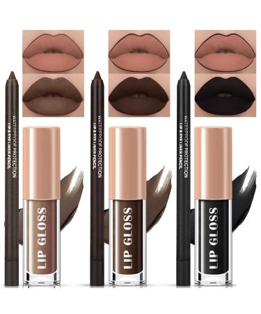 NewBang 3 Colors Dark Black Lipstick and Lipliner Matte Liquid Lipstick Set Black Brown Lip Stain Lip Gloss and Lip Liner Waterproof Longlasting Lip Halloween Christmas Makeup(6 pcs) 0.17 Ounce (Pack of 6)