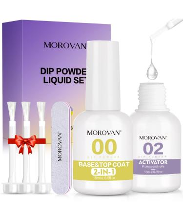 Morovan 2 in 1 Dip Powder Liquid Set - Dip Powder Base & Top Coat with Activator for Dipping Powder Nail Kit Starter 0.5oz Fast Dry No Nail Lamp Needed