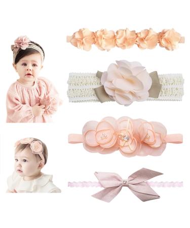 4pcs Baby Headbands Cute Baby Bows Headband Flower Headbands Elastic Baby Girls Headbands Soft baby hair bands Pink Hair Accessories for Newborns Infants Toddlers