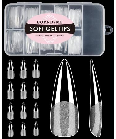 Soft Gel Nail Tips Long Stiletto 120PCS Pre Buff Full Cover Nail Extenison Tips Half Matte Gel X Nail Tips BORNBYME
