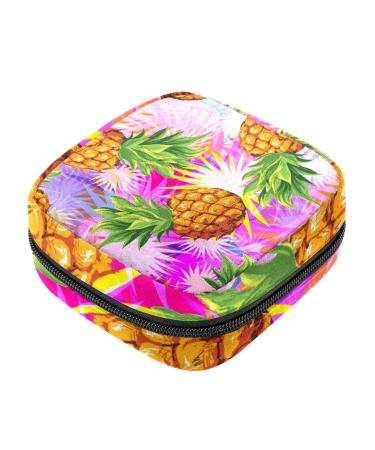 Menstruation pad bag with zipper women's napkin bag tampons collective bags for women and girls (pineapple with tropical palm leaves)