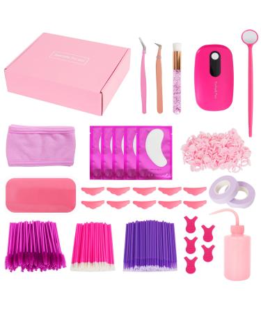 Teabelle 330PCS Eyelash Extension Kit Practice Lash Extension Supplies for Beginners and Professionals  with Fan Lash Dryer  Mini Brushes  Tapes  Tweezers  Glue Rings  Eye Gel Pads for Daliy Lash Care hot pink