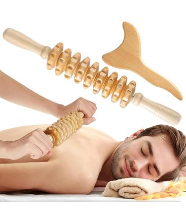 2PC Lymphatic Drainage Massage Tools Set - 9-Wheel Roller & Gua Sha for Legs Back Neck Arms | Wood Therapy Massage - Buy Online on GoSupps.com