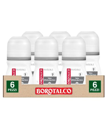 Borotalco Borotalco Roll On Invisible Deo 48h Deodorant with Talc Effect Dry Barrier Effect Stain Free Alcohol Free Talcum Scent - 6 x 50ml Bottles