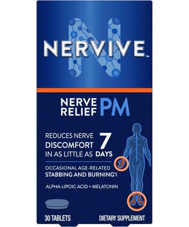 Nervive Nerve Relief PM, for Nerve Aches, Weakness, & Discomfort in Fingers, Toes, Hands, & Feet*, Alpha Lipoic Acid ALA, Vitamin B1, Vitamin B6, Melatonin, Chamomile, Lavender, 30-Day Tablet Supply
