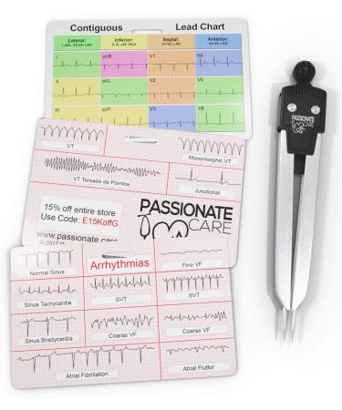 EKG Calipers Plus ECG Rhythm Interpretation Badge Cards. The Perfect Divider Combination. It Is The Ultimate 12 Lead Cheat Sheet For Nurses and Medical Students Alike. Caliper and Flash Cards. Ideal