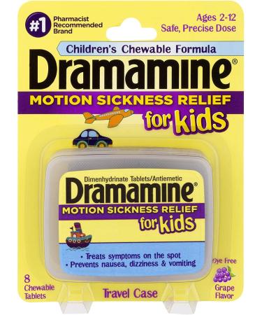 Dramamine Motion Sickness Relief for Kids Grape Flavor 8 Count (Pack of 2)