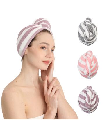 Good Nite 3 Pack Microfibre Hair Drying Towel Wrap Super Absorbent Twist with Buttons Dry Hair Turbans for Women Girl Wet Hair 65 x 25cm Large Stripes