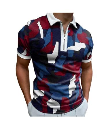 Zipper Shirt Turn Down Sleeve Blouse Splice Men's Polos Collar Camouflage Casual Men's Blouse Mens Retro Ruffled Dress Shirt Slim Oversized Pullover Tops Blue XL
