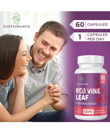 SUSTAINANCE Red Vine Leaf & Horse Chestnut Extract Capsules - 60 Vegetarian Capsules for Leg Vein, Heart, and Skin Support - Buy Online on GoSupps.com