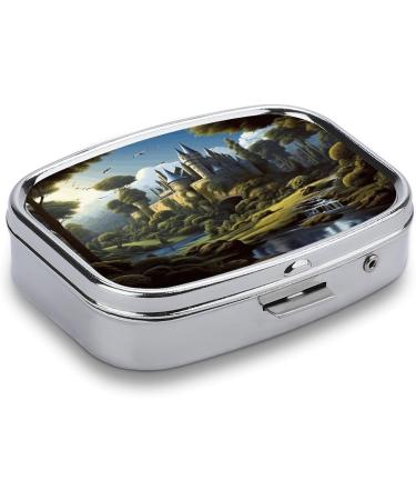 Pill Box with Woods & Castle Print - 2 Compartment Portable Pill Organizer | Decorative Metal Medicine Case for Pocket & Purse - Buy Online on GoSupps.com