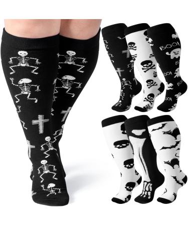 6 Pairs Halloween Plus Size Compression Socks Wide Calf for Women Men 20-30 mmHg Extra Wide Knee High Support Socks