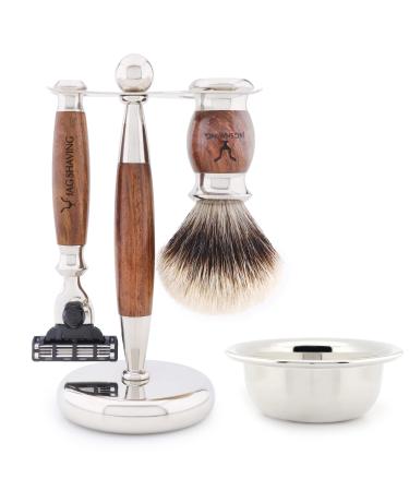 JAG Shaving Razorset - Jag's Lee Range 5 -part shaving set - Silberspitz Dachshaar Razor brush - 3 razor blades of shaving plane - shaving stand made of stainless steel and wood - shaving bowl - wood set