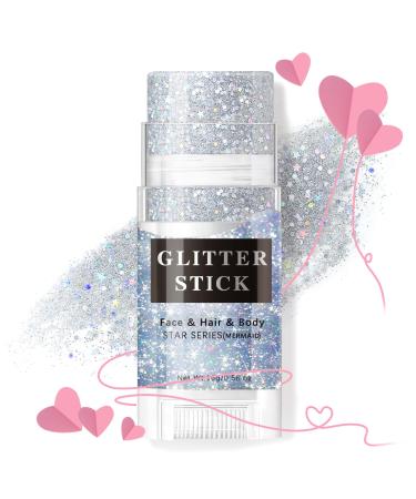 Silver Body Glitter Stick Holographic Chunky Laser Glitter Gel for Singer Concert Music Festival Halloween Christmas Party Makeup Rave Accessories Sparkling Mermaid Sequins for Face Body Hair