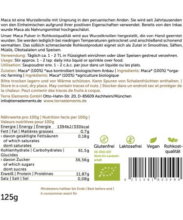 Terra Elements Organic Maca Powder 125g I Yellow Maca Root from Peru I 100% Pure I Vegan I Raw Quality - Buy Online on GoSupps.com