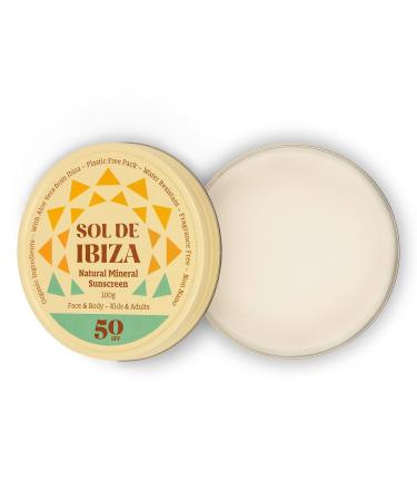 Sol de Ibiza Natural Mineral Sun Protection SPF 50 - Plastic-Free Vegan Waterproof - Face & Body - Non-Nano Zinc Oxide - 100g for Adults & Children - Buy Online on GoSupps.com