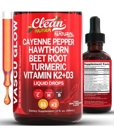 Clean Nutra Cayenne Pepper Drops Supplement Liquid + Hawthorn Berry Vitamin D3 K2 Beet Root Powder Ceylon Cinnamon Turmeric Curcumin Organic Panax Ginseng Berberine Extract 1 Pack