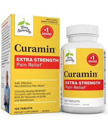 Terry Naturally Curamin Extra Strength - 120 Tablets - Non-Addictive Pain Relief Supplement with Curcumin, Boswellia, DLPA & Nattokinase - Non-GMO, Vegan - 40 Servings