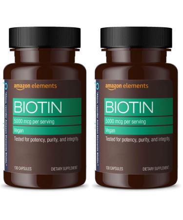 Amazon Elements Vegan Biotin 5000 mcg - Hair Skin Nails 130 Capsules (4 Month Supply) (Packaging May Vary) (Pack of 2)