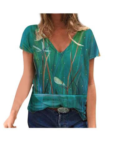fvbhty Ladies Relaxed Dragonflies Summer Shirts T Shirt Short Sleeve Tops Shirt Green - Dragonflies XX-Large