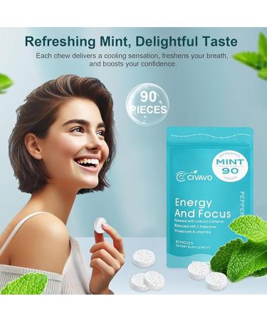 Energy Caffeine Mints Gum with L-Theanine, Caffeine, Vitamin B12 & B6 - Nootropic Supplement for Energy and Focus - Mint Flavor - Vegan & Gluten-Free - (90 Pieces) - Buy Online on GoSupps.com